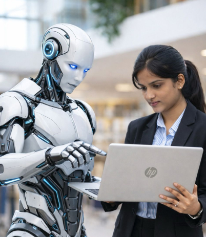Student using a laptop alongside a humanoid robot, representing analytical technology and learning using AI at Kirloskar Institute of Management harihar