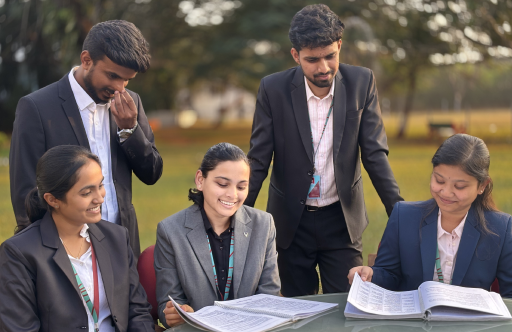 Management students at KIM harihar dressed professionally, discussing and reviewing information